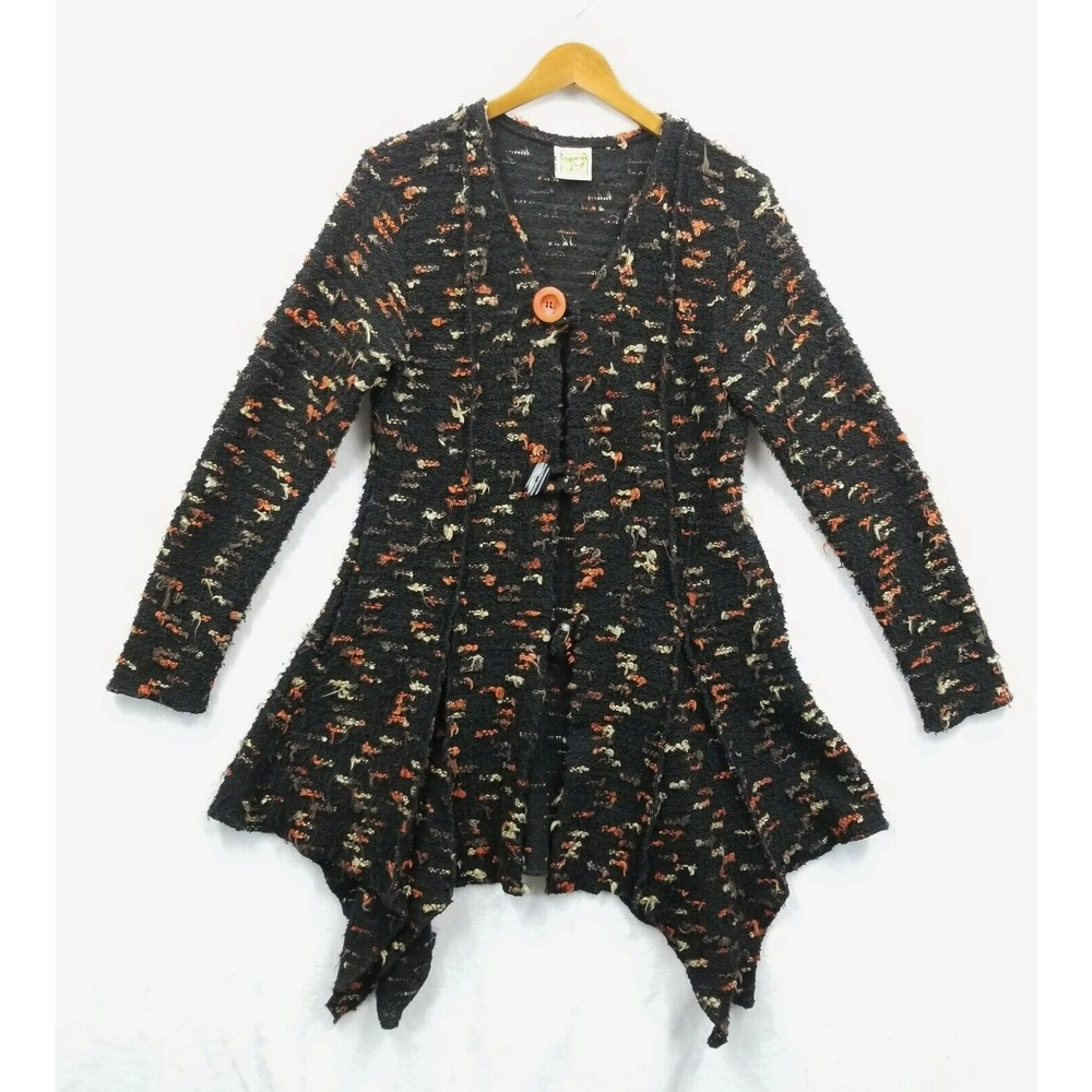 Hand Jive Cardigan Women M Black Multi Asymmetrical‎ Shaggy Stretch Art Sweater
